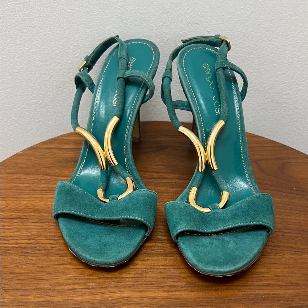 Sergio Rossi Green Suede Heels with Gold Detail
